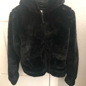 Faux fur hooded, zip up jacket. 2 front pockets & little ears on hood. Exc cond.